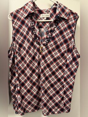 Sport Haley Plaid Sleeveless Button-Front V-Neck Top in Red, Navy & White